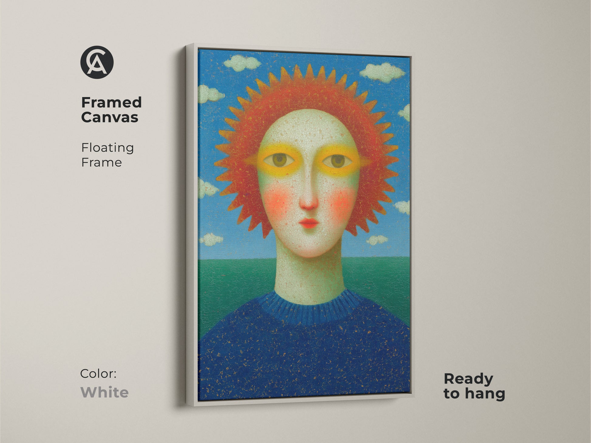 A close-up showcasing the texture and colors of the surreal sun face artwork. The modern folk art wall hanging features eclectic blue red and green hues. This bohemian canvas art is a unique and artistic portrait print. Perfect as bedroom wall decor.