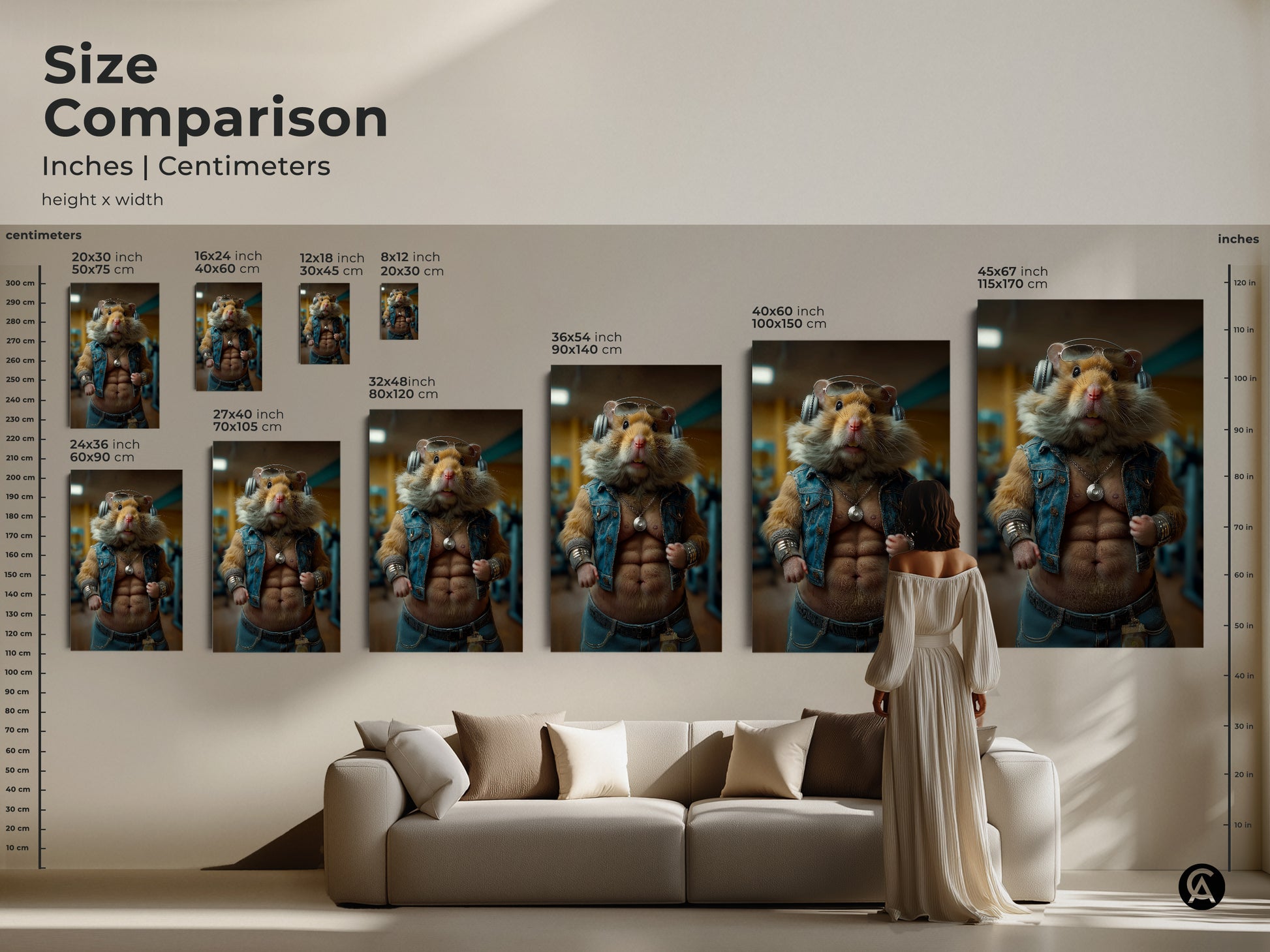 Size comparison featuring the funny bodybuilder hamster artwork. See how the art scales in inches and centimeters. Various sizes are displayed above a couch. This piece is perfect for adding a humorous touch to your living space or as gym motivation art.