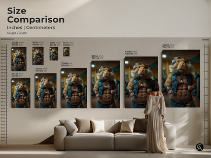 Size comparison featuring the funny bodybuilder hamster artwork. See how the art scales in inches and centimeters. Various sizes are displayed above a couch. This piece is perfect for adding a humorous touch to your living space or as gym motivation art.