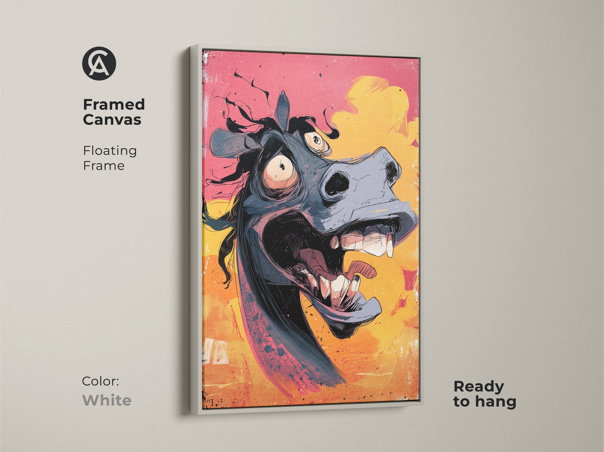 Framed canvas floating frame in white showcasing cartoon horse wall art. This funny animal print is perfect for eclectic decor. It's a great gift for horse lovers. The humorous horse portrait adds a unique touch to any space. Ready to hang.