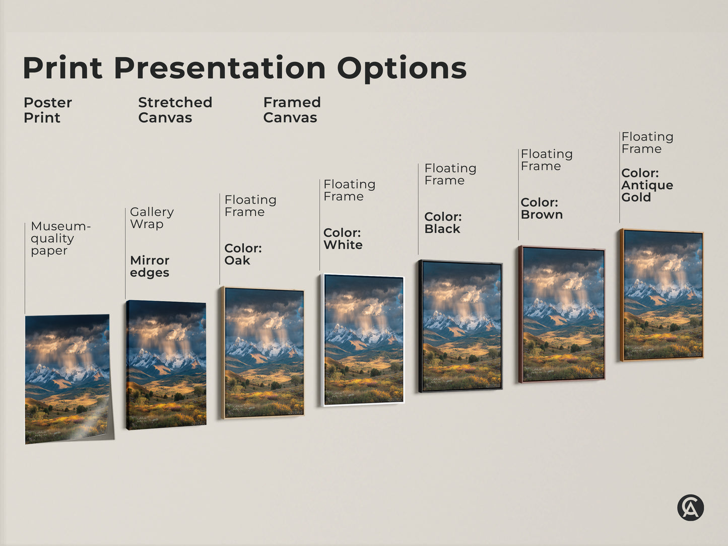 Explore print options for this mountain landscape artwork. Choose from poster stretched or framed canvas. Options include black brown antique gold and white frames. Find the perfect presentation for your farmhouse decor.