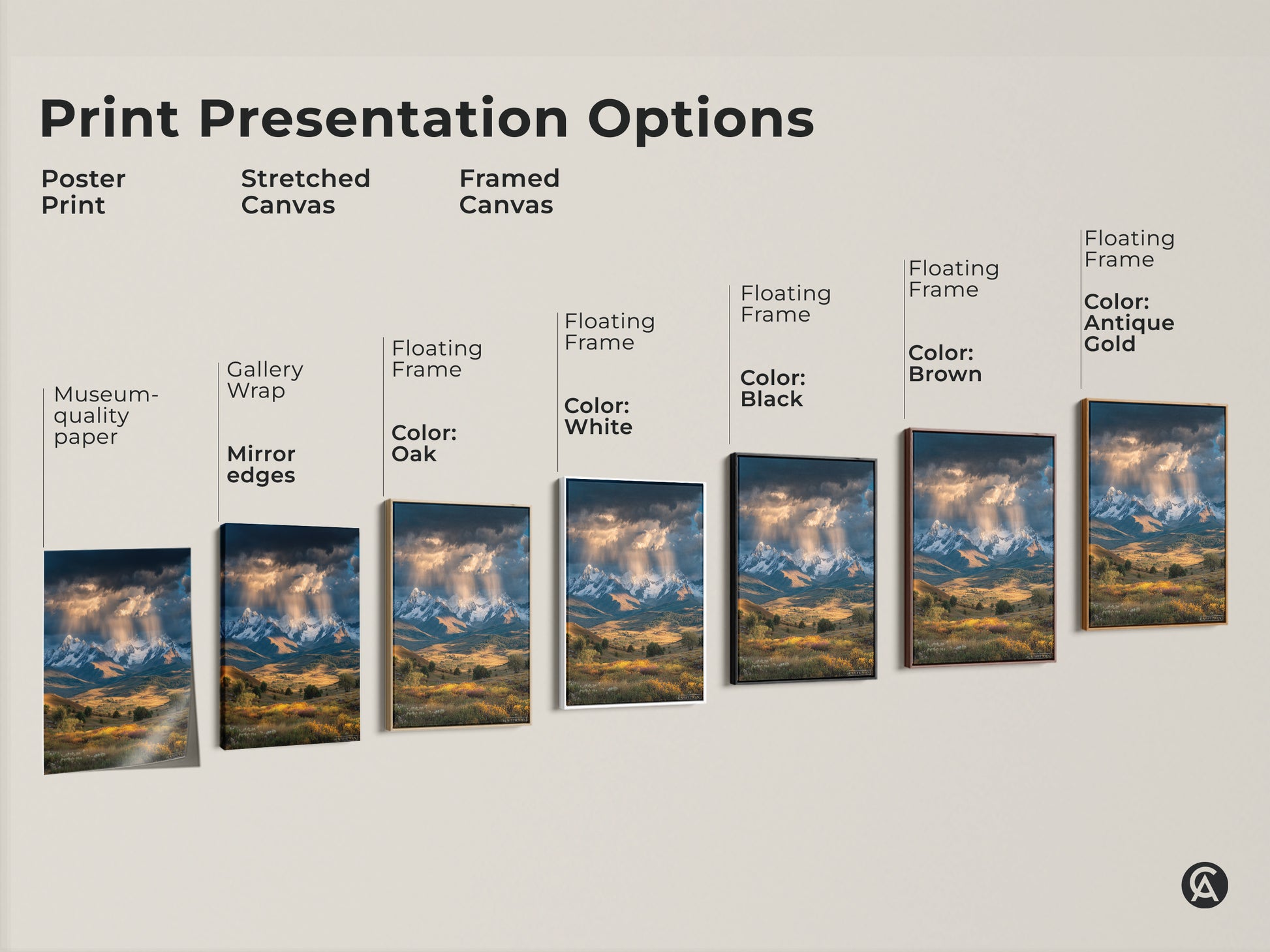 Explore print options for this mountain landscape artwork. Choose from poster stretched or framed canvas. Options include black brown antique gold and white frames. Find the perfect presentation for your farmhouse decor.