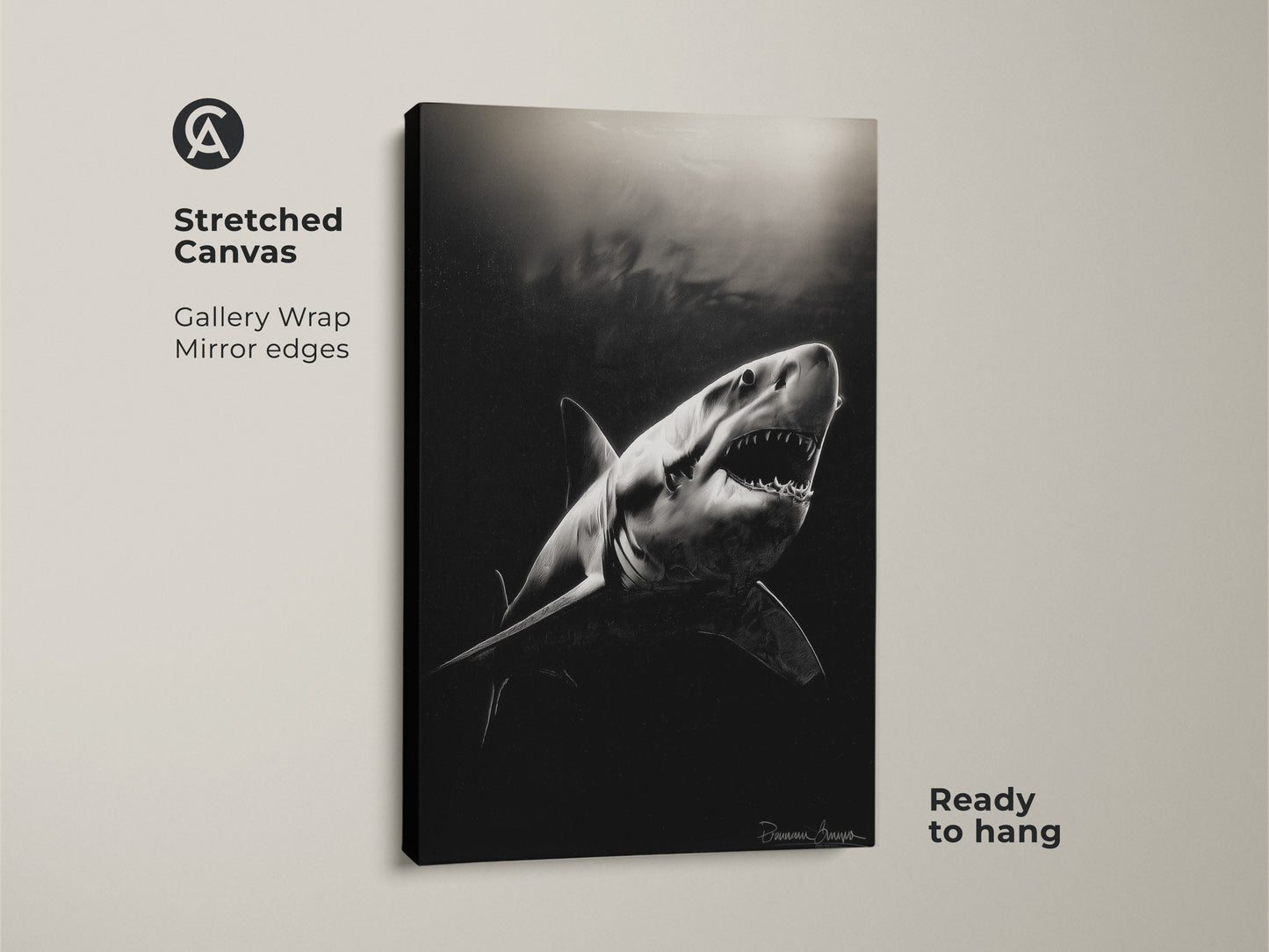 A stretched canvas features a monochrome Great White Shark. Gallery wrapped with mirror edges this wildlife print is ready to hang. This realistic shark artwork is ideal for ocean wildlife art lovers. The contemporary animal artwork captures underwater scene art.