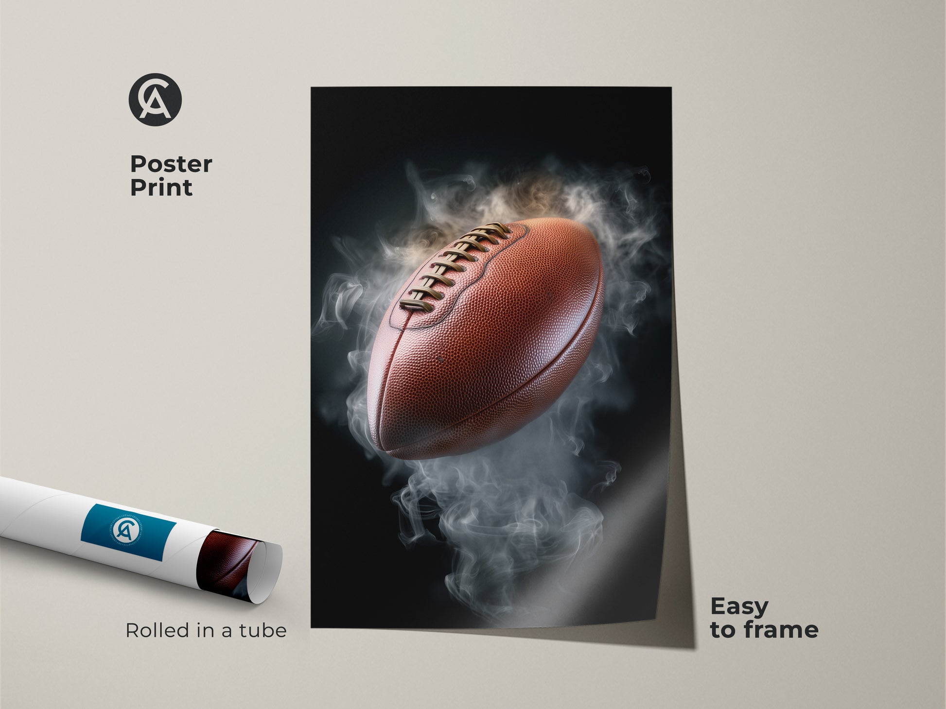 Poster print of a football smoke canvas art piece rolled in a tube for easy framing. This dynamic sports poster adds energy to any space. Ideal modern office artwork or a thoughtful gift for him.