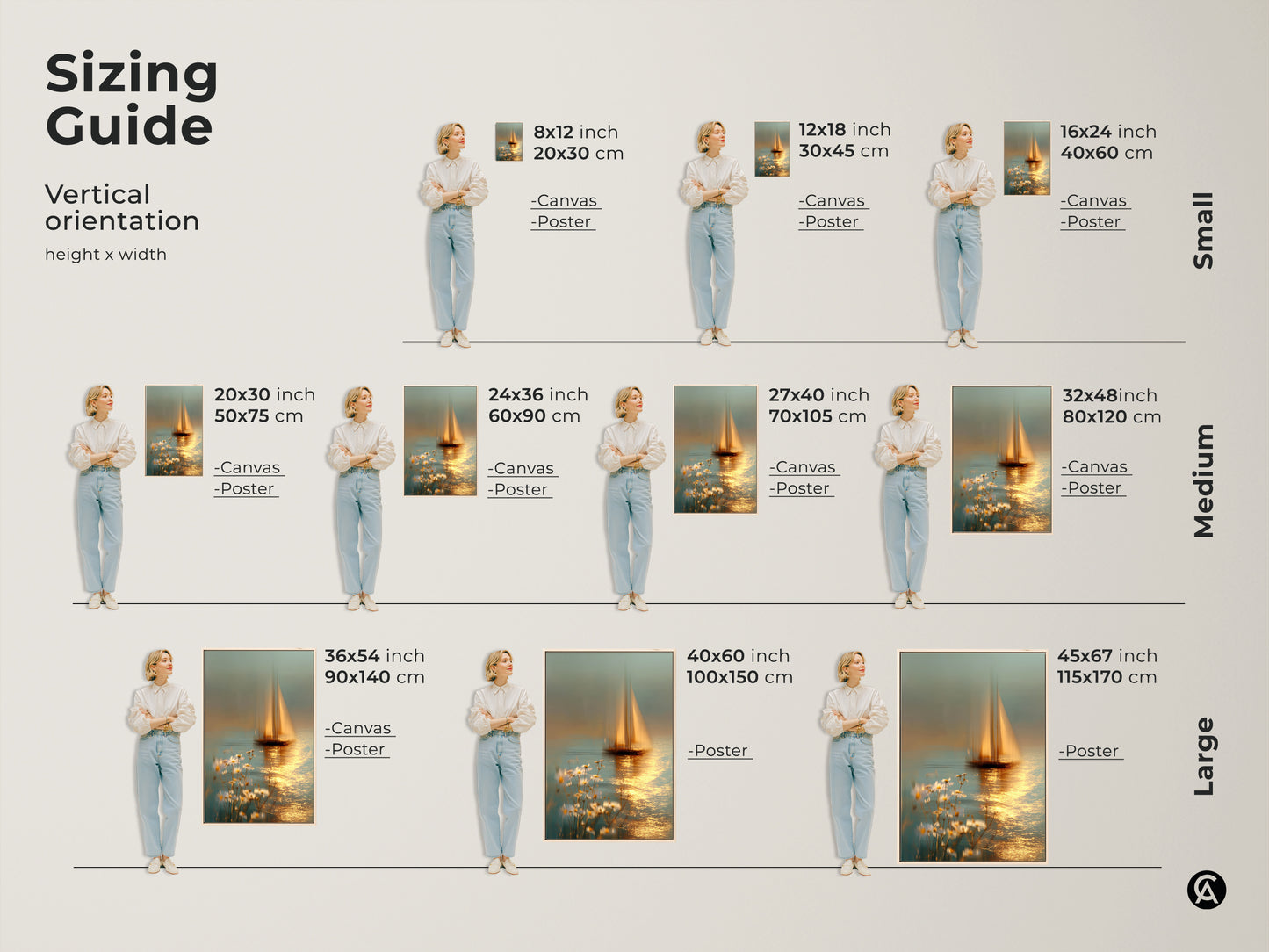 Sizing guide for dreamy blue gold sailboat art prints. Vertical orientation canvas and posters are available in small medium and large sizes. Find the perfect fit for your space whether it's 8x12 to 45x67. Decorate with coastal daisy wall decor today