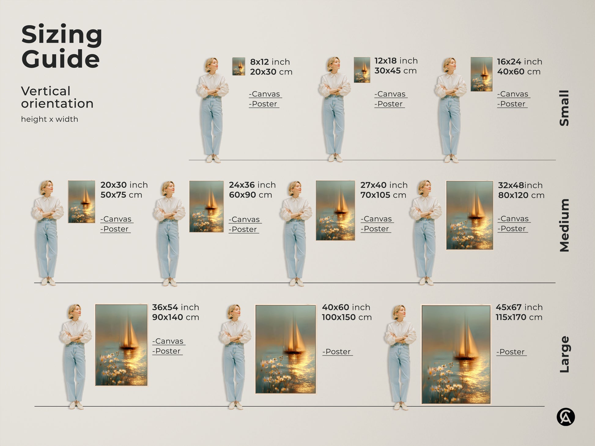 Sizing guide for dreamy blue gold sailboat art prints. Vertical orientation canvas and posters are available in small medium and large sizes. Find the perfect fit for your space whether it's 8x12 to 45x67. Decorate with coastal daisy wall decor today