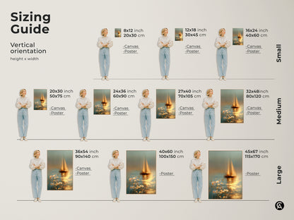 Sizing guide for dreamy blue gold sailboat art prints. Vertical orientation canvas and posters are available in small medium and large sizes. Find the perfect fit for your space whether it's 8x12 to 45x67. Decorate with coastal daisy wall decor today