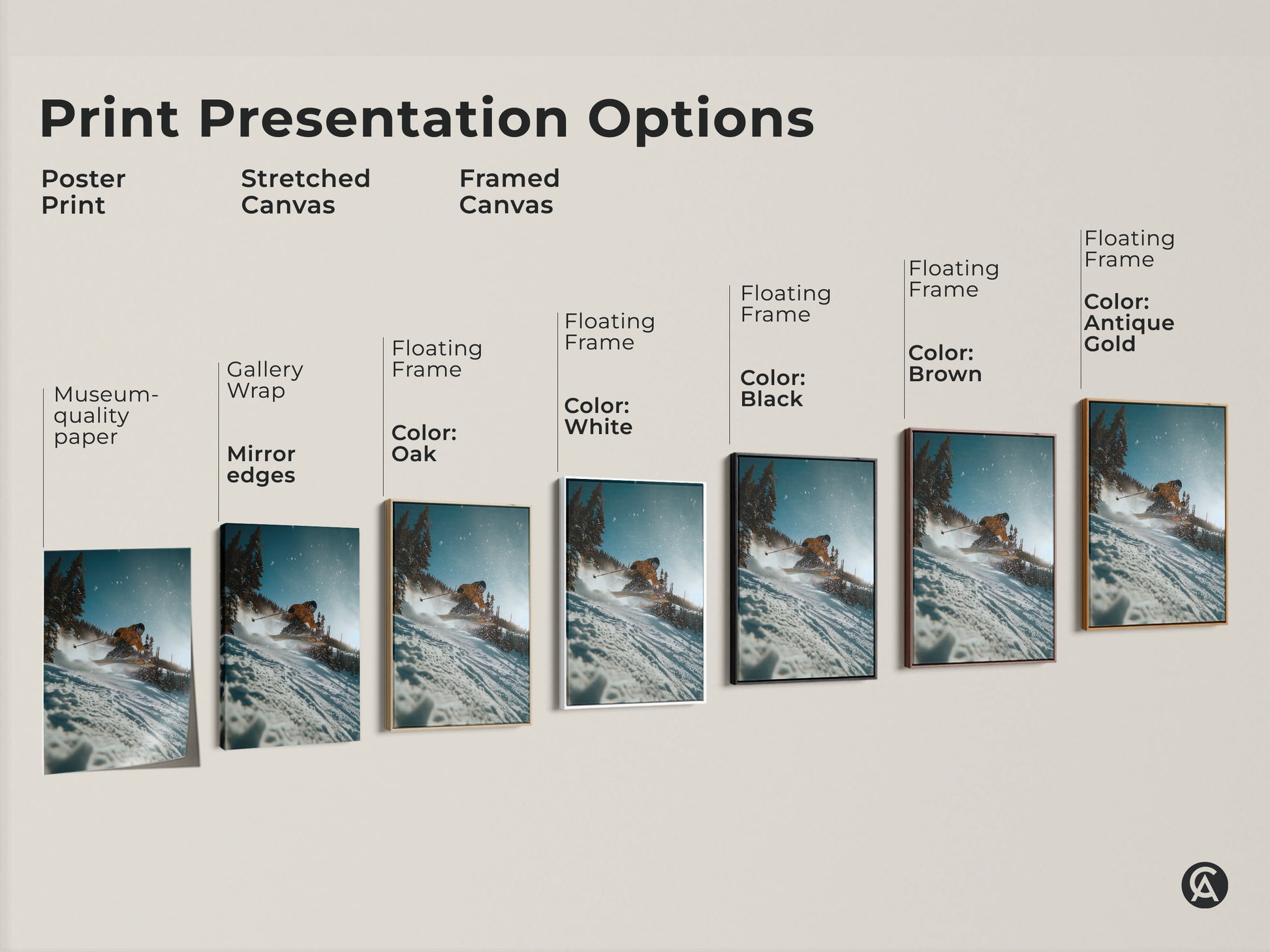 Explore our range of ski art print options. Choose from poster prints stretched canvas and framed canvas. Each artwork captures a skier skiing down a snow covered mountain. Find the perfect presentation to match your style. Order Now