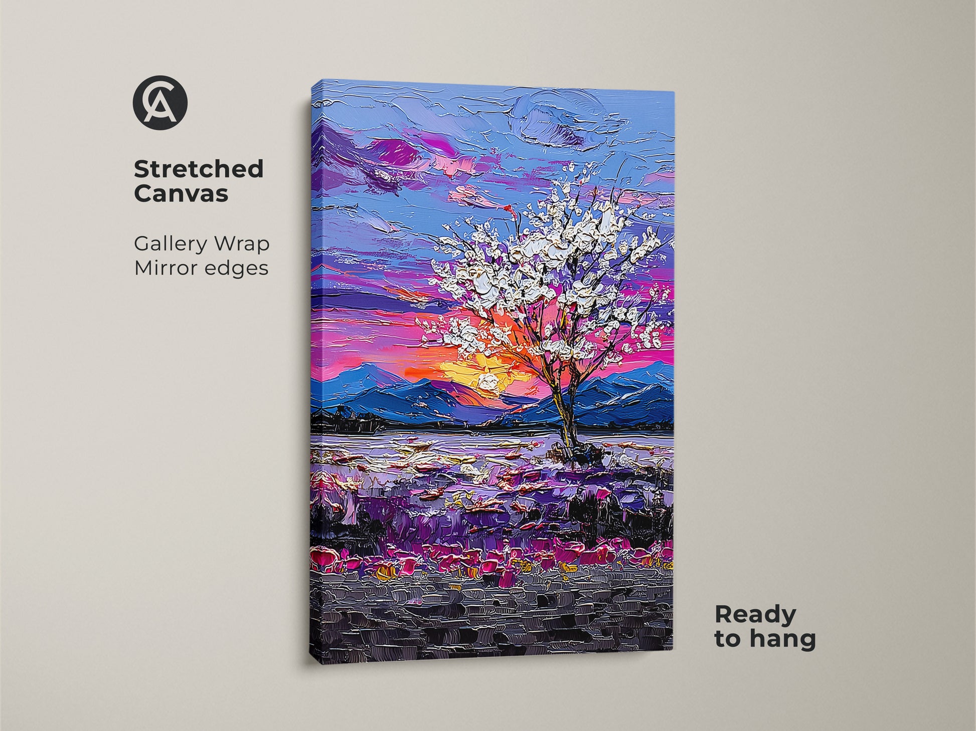 Elevate your home with our Impressionist Tree Canvas Print. Showcasing a purple sunset landscape it is ready to hang. The gallery wrapped canvas brings nature inspired artwork to any room with its textured details.