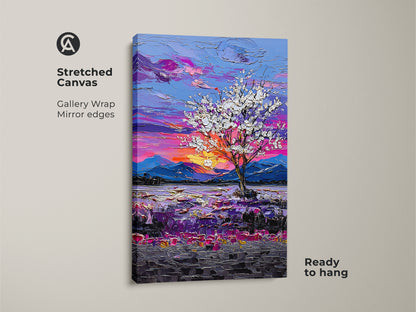 Elevate your home with our Impressionist Tree Canvas Print. Showcasing a purple sunset landscape it is ready to hang. The gallery wrapped canvas brings nature inspired artwork to any room with its textured details.