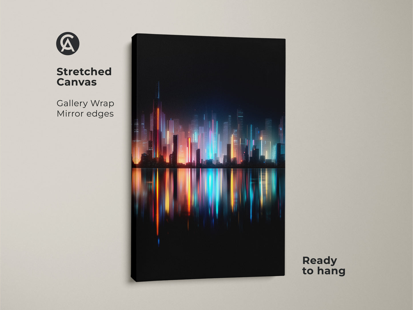 Stretched canvas art featuring a cityscape at night. The gallery wrap has mirrored edges. The artwork is ready to hang. The colorful city lights create a stunning reflection.