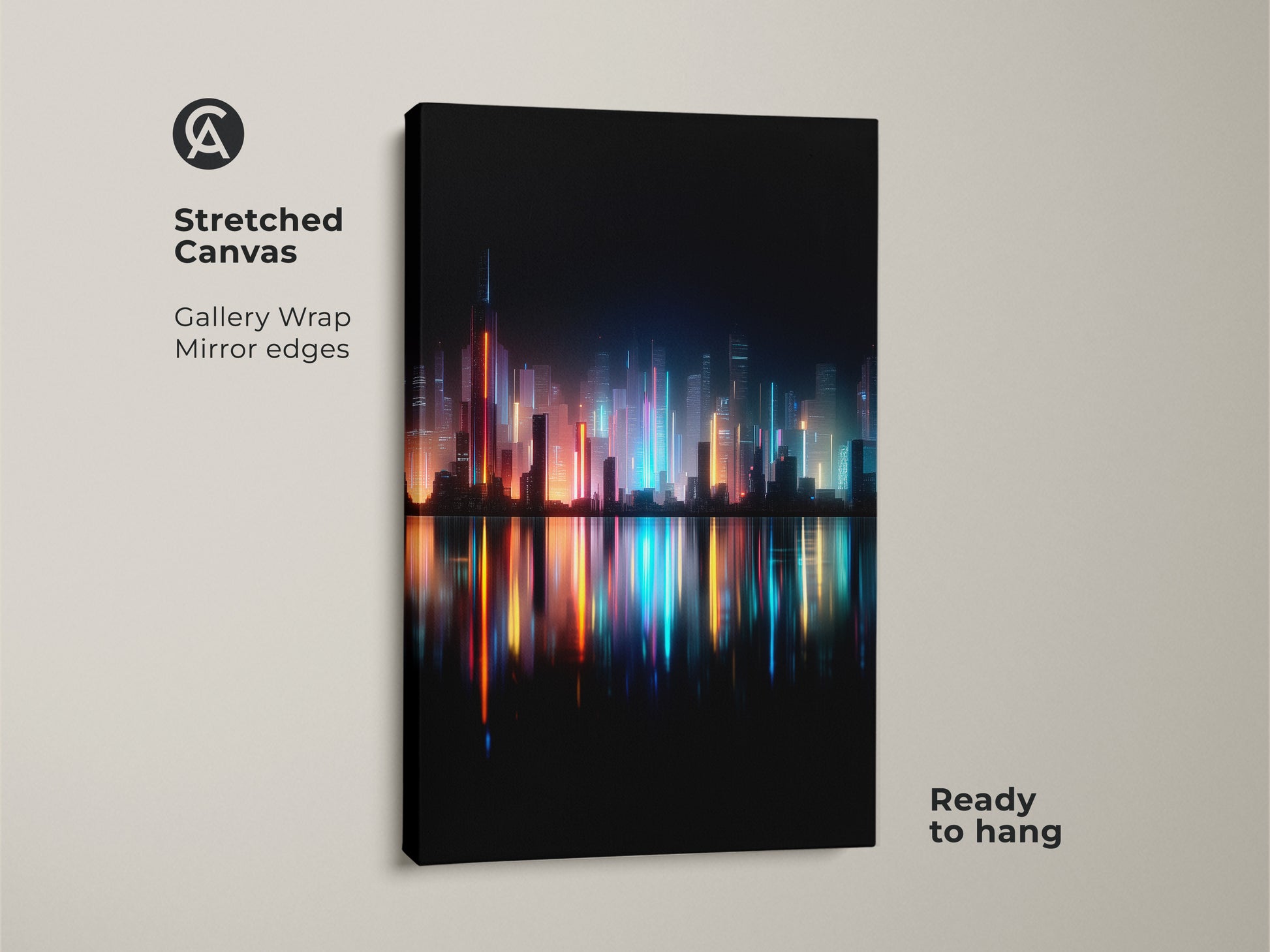 Stretched canvas art featuring a cityscape at night. The gallery wrap has mirrored edges. The artwork is ready to hang. The colorful city lights create a stunning reflection.