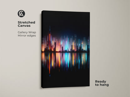 Stretched canvas art featuring a cityscape at night. The gallery wrap has mirrored edges. The artwork is ready to hang. The colorful city lights create a stunning reflection.