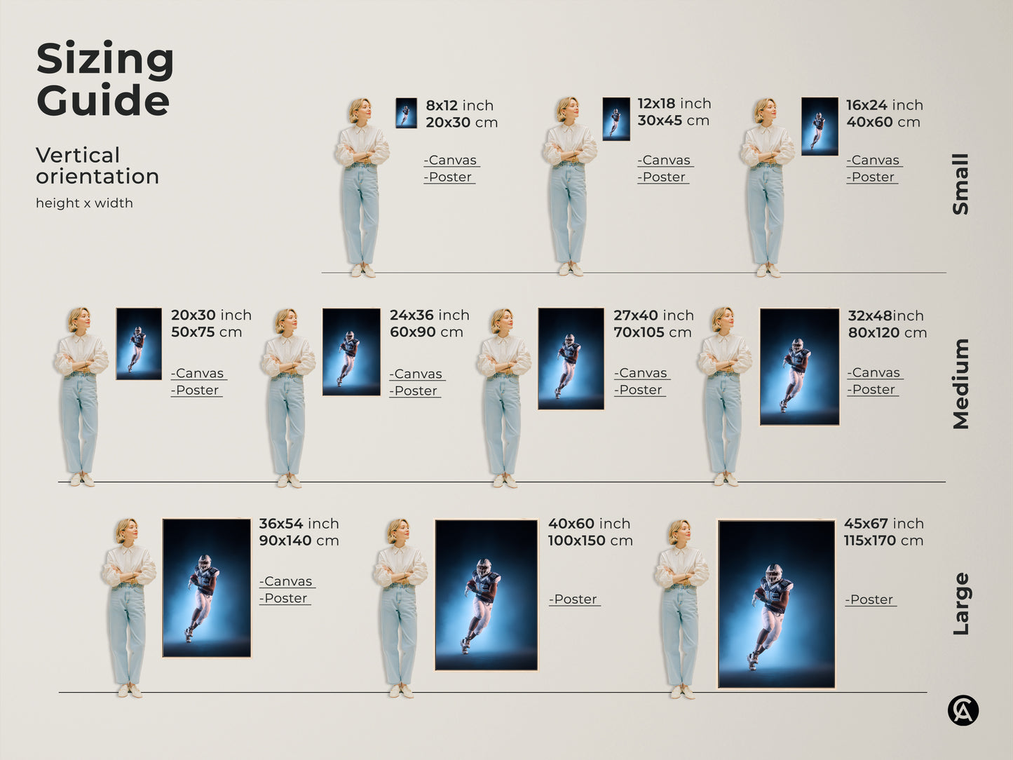 Vertical orientation sizing guide for American Football art prints. Find the perfect fit with small medium and large canvas and poster options. Transform your space with dynamic athlete artwork. Sizes from 8x12 to 45x67 inches.