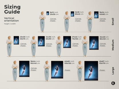 Vertical orientation sizing guide for American Football art prints. Find the perfect fit with small medium and large canvas and poster options. Transform your space with dynamic athlete artwork. Sizes from 8x12 to 45x67 inches.