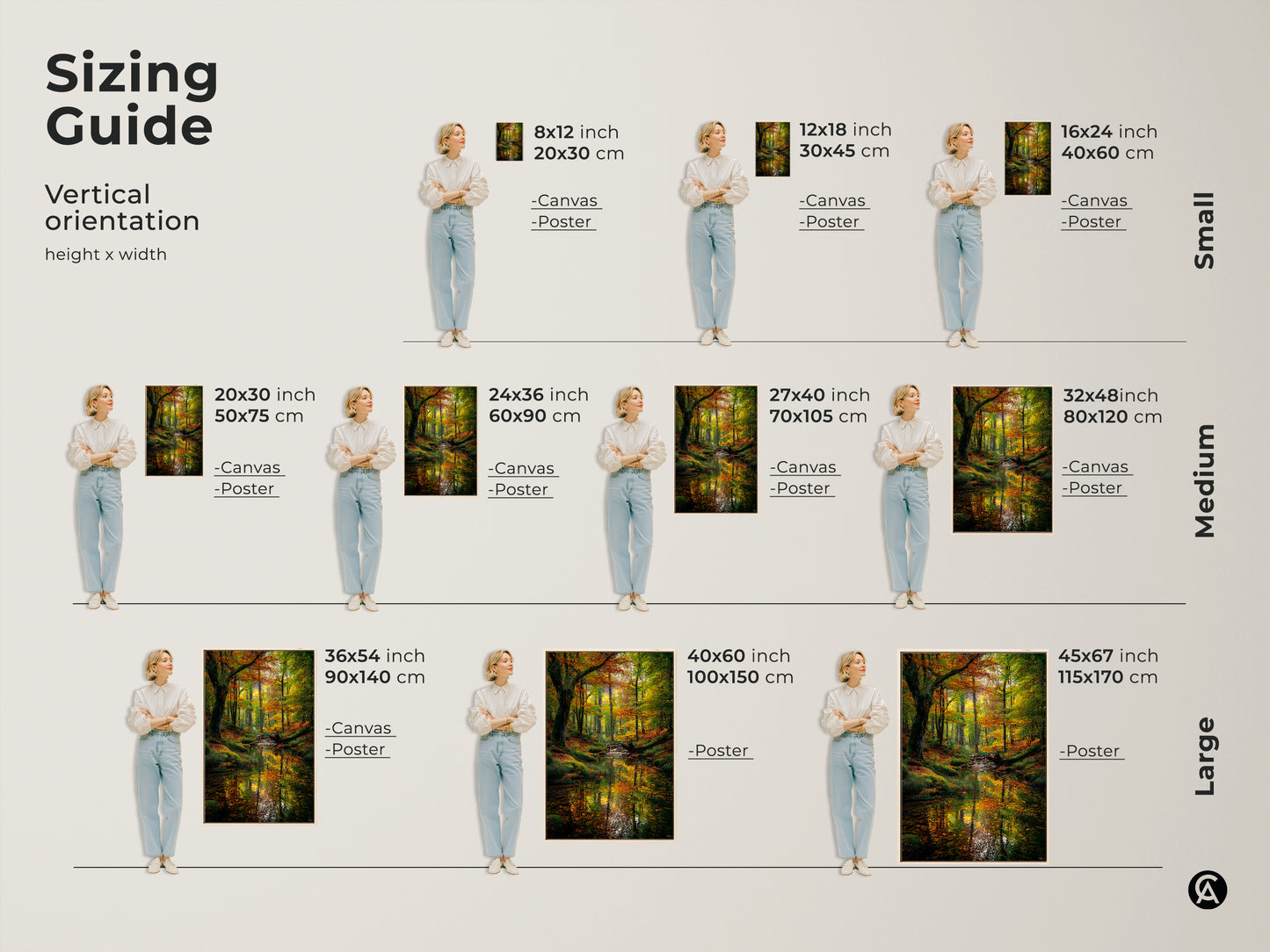 Sizing guide for our vertical forest stream art prints. Find the perfect fit for your space. Available in small medium and large sizes. Options include canvas and poster prints. Transform your walls with stunning nature-inspired artwork. Enhance your home decor with our beautiful art.