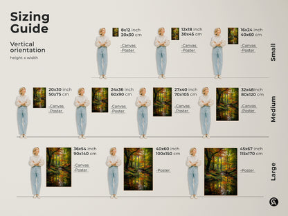 Sizing guide for our vertical forest stream art prints. Find the perfect fit for your space. Available in small medium and large sizes. Options include canvas and poster prints. Transform your walls with stunning nature-inspired artwork. Enhance your home decor with our beautiful art.