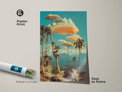 Poster Print with a unique Surrealism scene. It features retro exotic trees print and a striking teal and orange color palette. The eclectic animal landscape is easy to frame. A vibrant landscape print for a unique study decor.