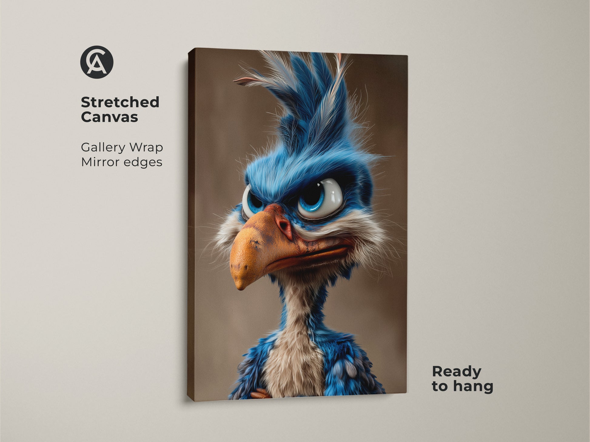 Stretched canvas featuring a whimsical cartoon bird art. The gallery wrap and mirror edges give it a clean modern look. This canvas art is ready to hang and will brighten up any room with its playful style.