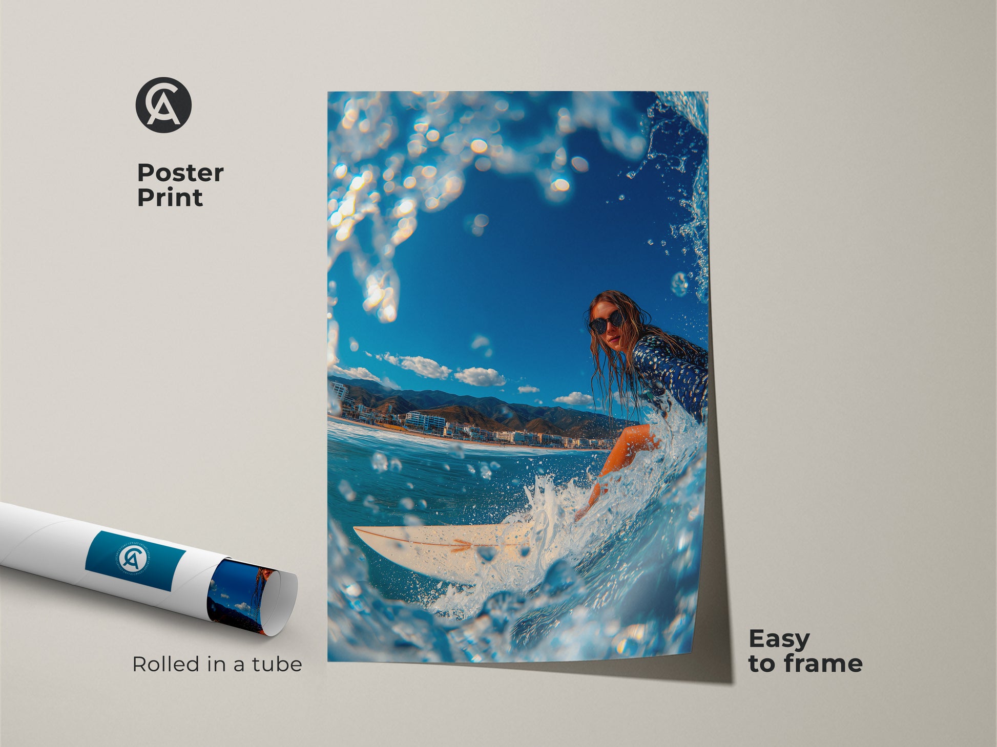 This poster print captures a surfer in action. The artwork is rolled in a tube for easy framing. The art shows a vivid ocean scene. It's a perfect addition for surf art lovers seeking a simple yet impactful way to display their passion for the ocean lifestyle.