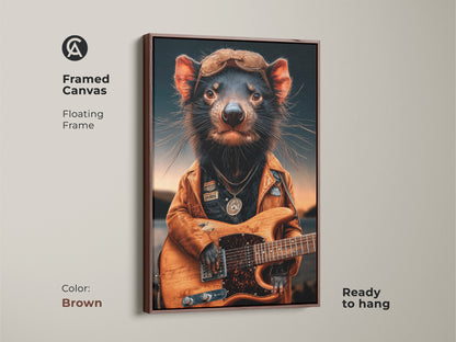 A framed canvas print of a Tasmanian devil guitarist. The brown floating frame complements this rock n roll animal artwork. Perfect eclectic home decor for music fans. Ready to hang and enjoy.