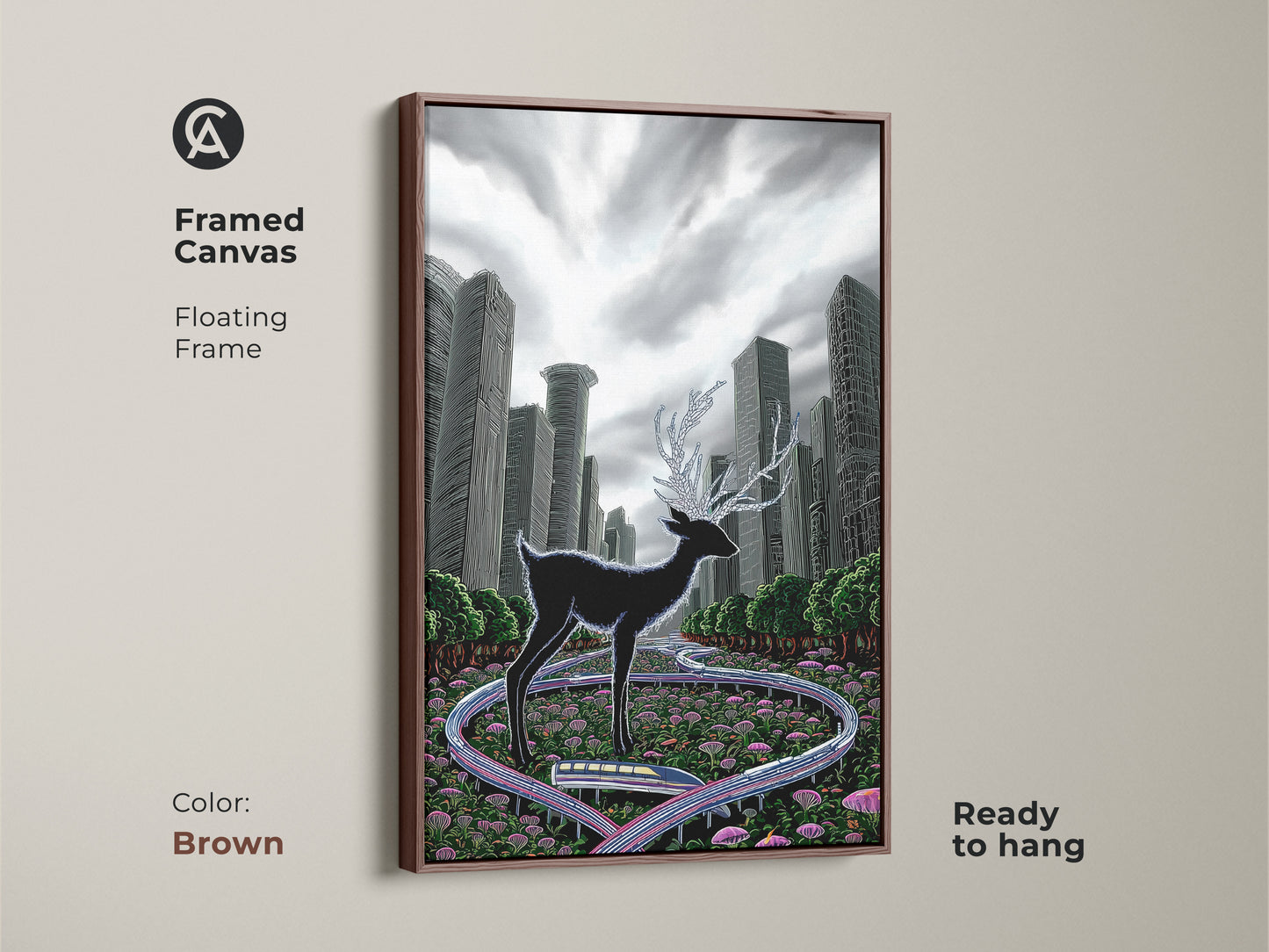 Explore the surreal deer in a brown framed canvas. This floating frame enhances the animal cityscape. The black green grey artwork is ready to hang. It brings eclectic style to any room. Perfect as a unique housewarming gift for art collectors.
