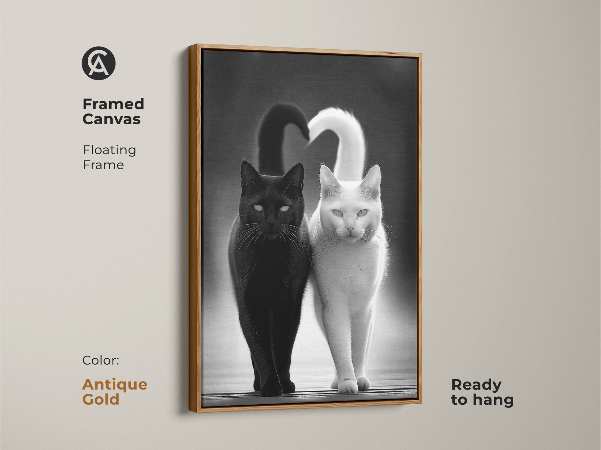 Framed Canvas with a floating frame in Brown showcases a black and white cat art print. This modern animal artwork is ready to hang. The contemporary pet decor is a minimalist cat wall art. It's a perfect cat lover gift idea. The monochrome cats make a striking visual impact.