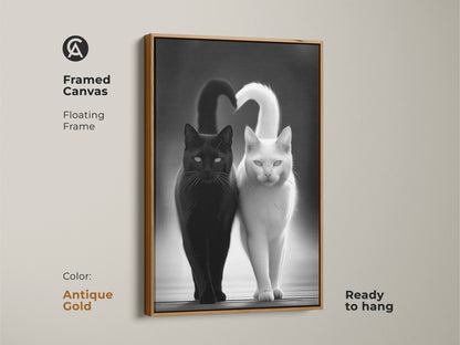 Framed Canvas with a floating frame in Brown showcases a black and white cat art print. This modern animal artwork is ready to hang. The contemporary pet decor is a minimalist cat wall art. It's a perfect cat lover gift idea. The monochrome cats make a striking visual impact.