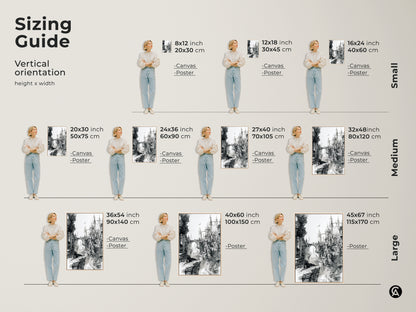 Sizing guide for fantasy city artwork. Available in canvas and poster options. Sizes range from small to large. Find the perfect fit for your space. Vertical orientation. Height x width shown.
