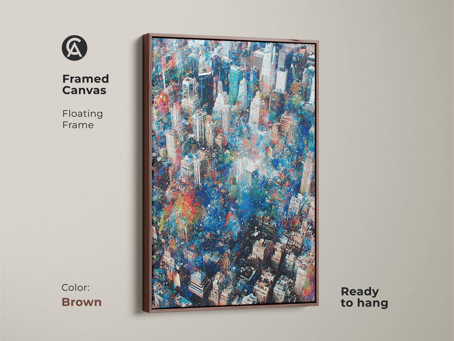 Framed canvas artwork of an aerial cityscape. The floating frame is brown adding a rustic touch. The artwork is ready to hang and enjoy. The brown frame complements the artwork's vibrant blues and reds. The art piece is very unique.