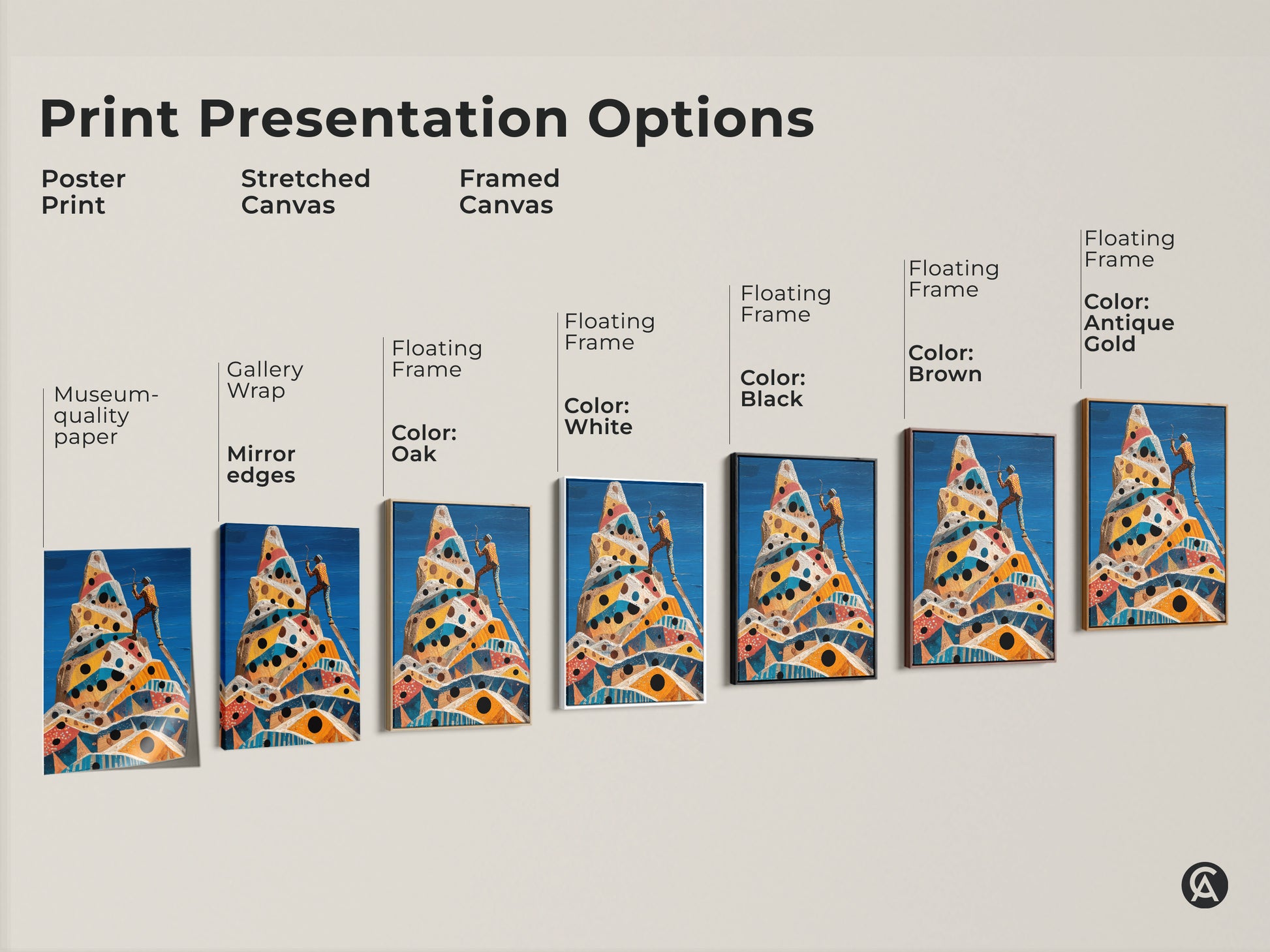Explore print presentation options. See poster prints stretched canvases and framed canvases of the surreal geometric mountain art. Options include black brown oak antique gold and white floating frames.