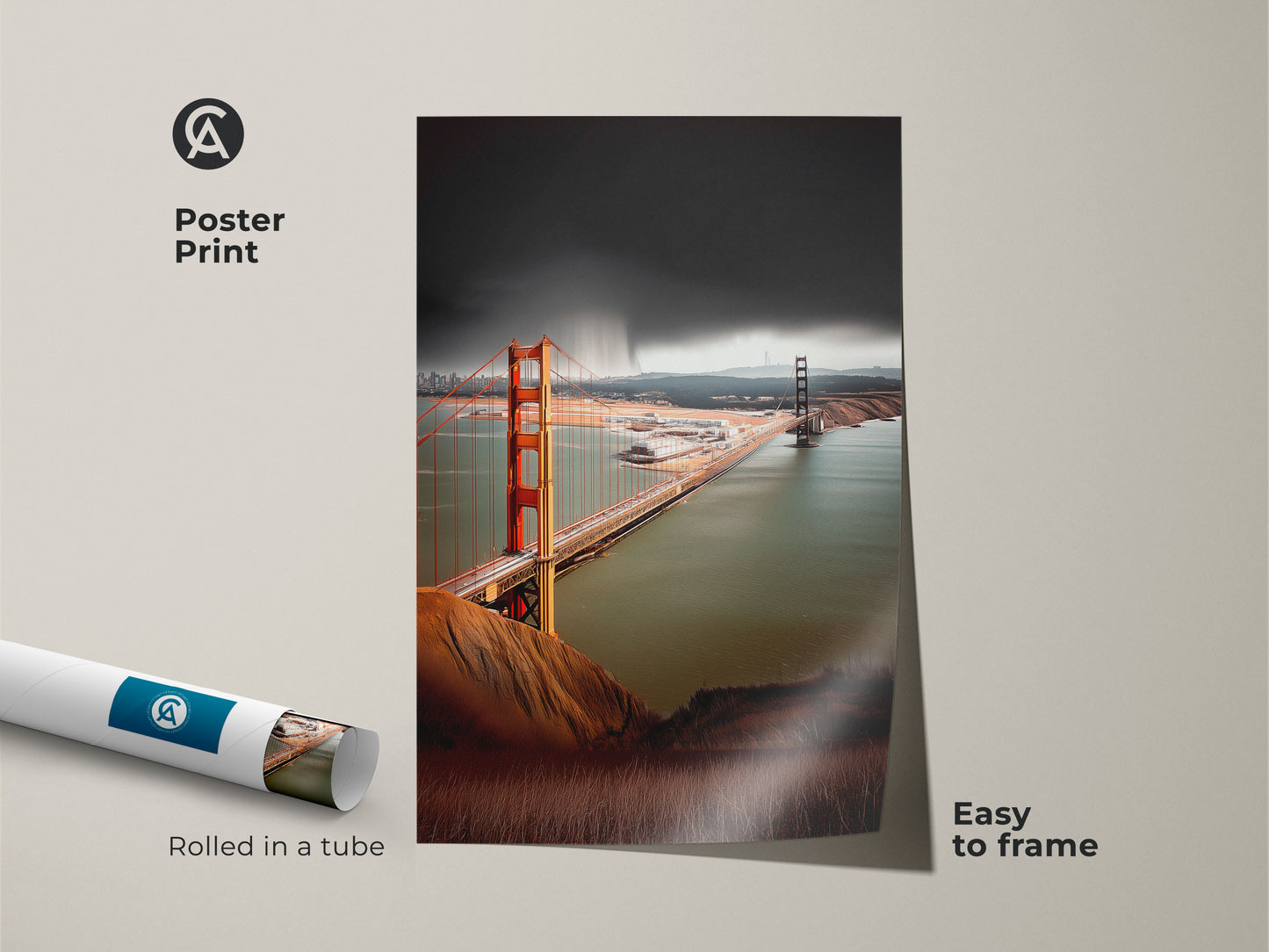 This poster print displays the Golden Gate Bridge. Rolled in a tube it is easy to frame. The artwork captures a photorealistic San Francisco cityscape. Burnt orange and teal tones add a modern touch.