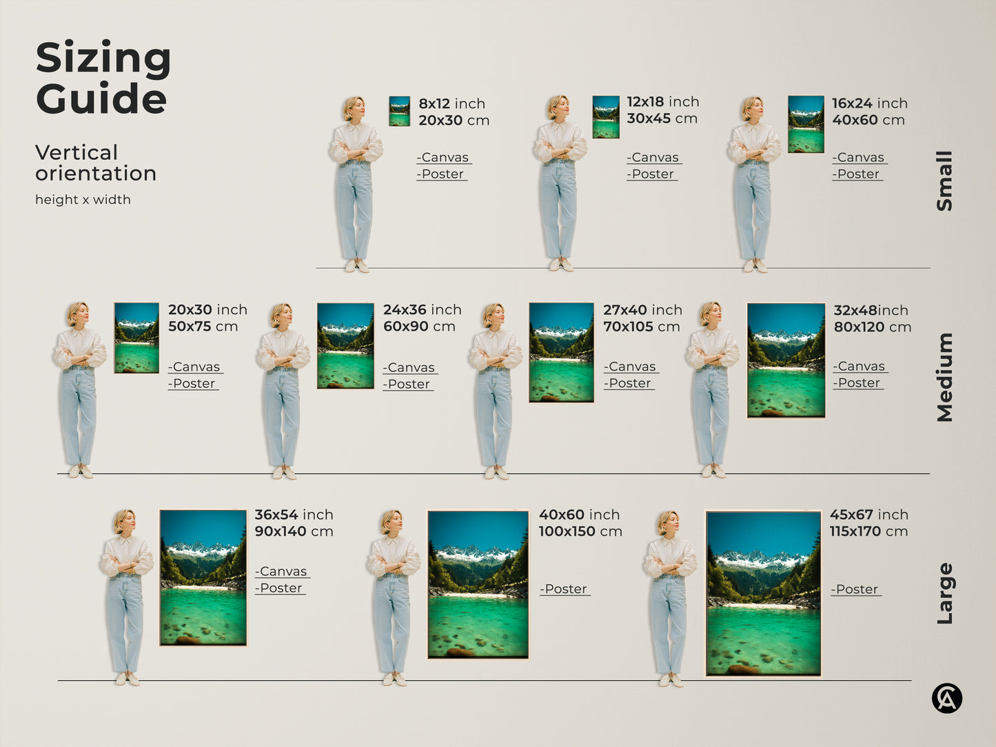 Sizing guide for emerald river canvas and poster prints. Vertical orientation options include small medium and large sizes. Visualize how deep blue sky nature artwork fits your space. Perfect housewarming nature gift for any room.