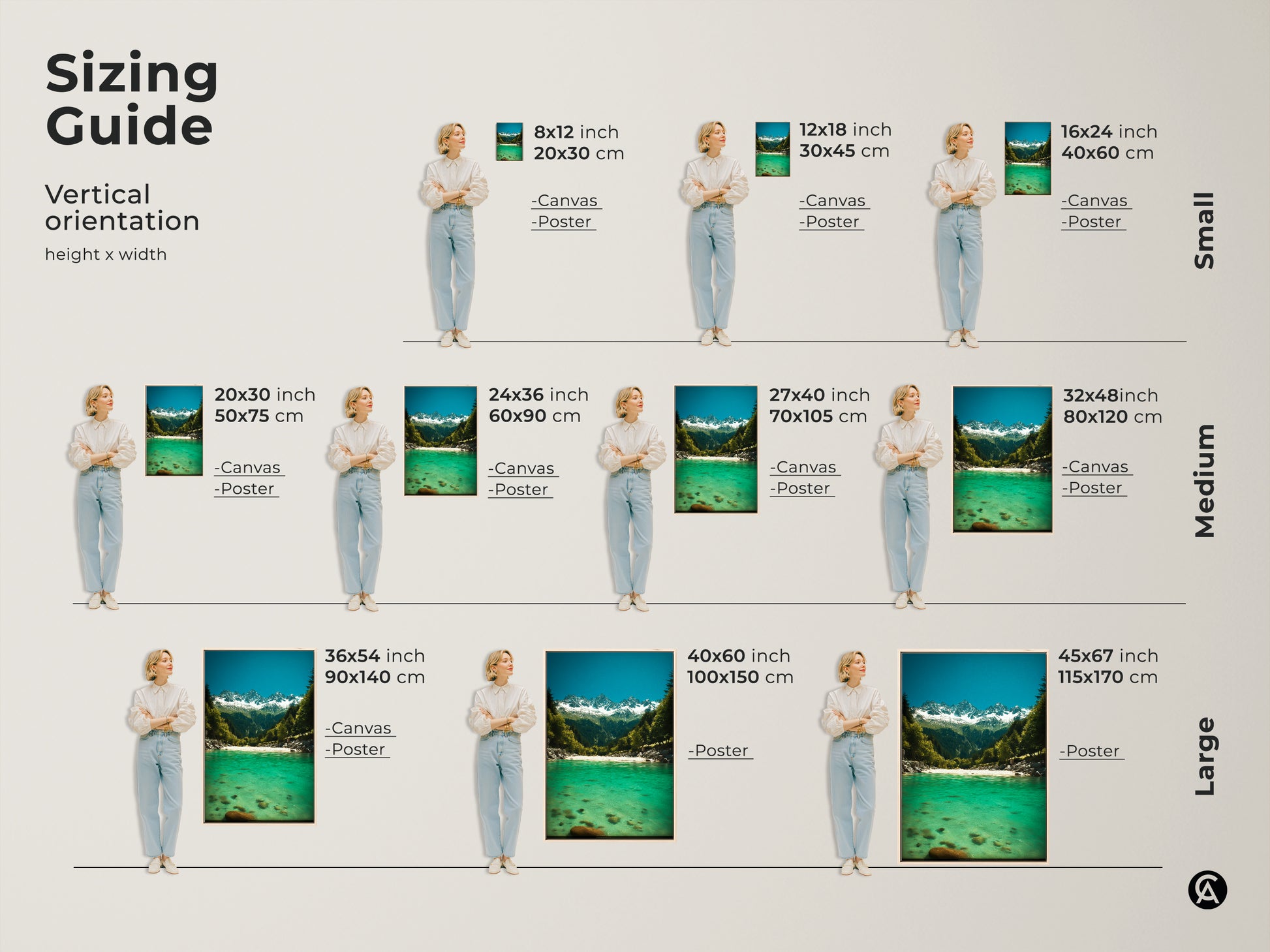 Sizing guide for emerald river canvas and poster prints. Vertical orientation options include small medium and large sizes. Visualize how deep blue sky nature artwork fits your space. Perfect housewarming nature gift for any room.