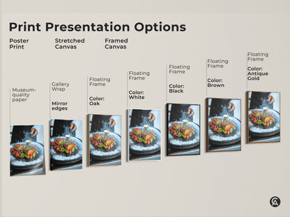 Explore Filet Mignon Print Presentation Options. Choose from poster print stretched canvas or framed canvas. Find the perfect style to complement your dining room or kitchen. Each option showcases a photorealistic gourmet steak artwork.