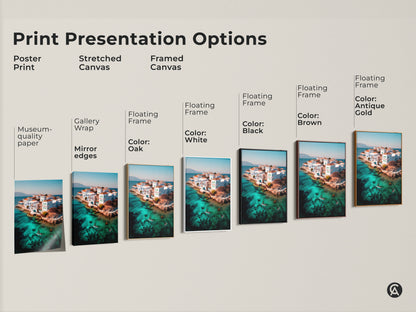 Explore print presentation options for coastal art. Choose from poster prints to stretched and framed canvases. Each showcases a turquoise water aerial seascape print of a Mediterranean village. Perfect as travel decor or a housewarming gift for coastal lovers.