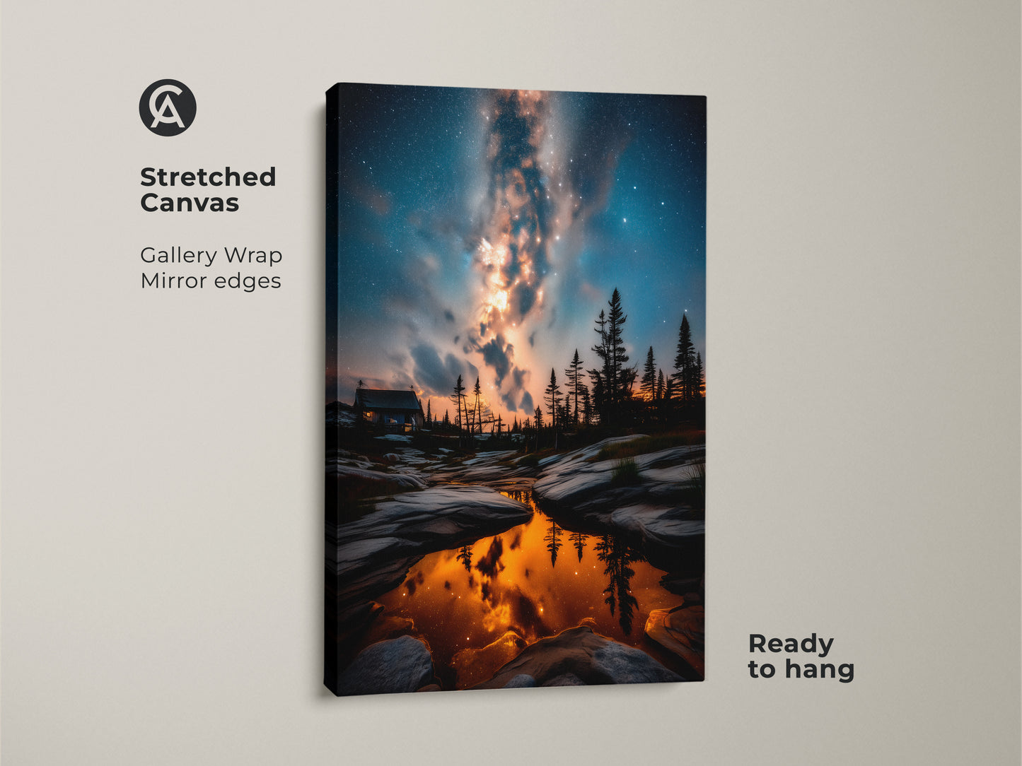 Stretched canvas art print of a night sky with the Milky Way reflecting in water. The gallery wrapped canvas has mirror edges and is ready to hang. This space landscape painting captures a cabin night scene.