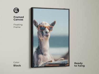 Framed canvas with a black floating frame showcasing goat art. This funny beach goat print adds humor to any space. The photorealistic animal canvas is ready to hang.