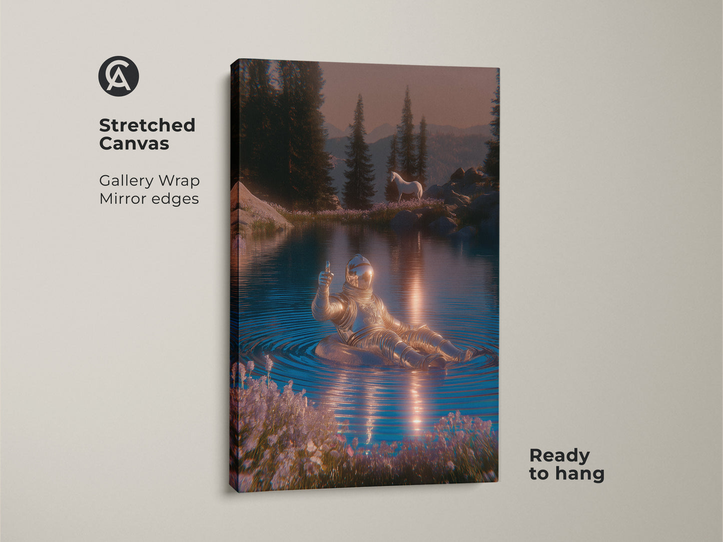 Stretched canvas art featuring an astronaut in a lake. This surreal horse landscape offers a sci-fi nature print. The blue silver pink canvas is ready to hang. An astronaut floating decor for eclectic bedroom art. This modern sci-fi gift is a unique wall hanging.