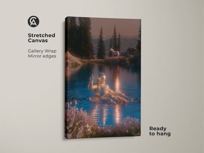 Stretched canvas art featuring an astronaut in a lake. This surreal horse landscape offers a sci-fi nature print. The blue silver pink canvas is ready to hang. An astronaut floating decor for eclectic bedroom art. This modern sci-fi gift is a unique wall hanging.