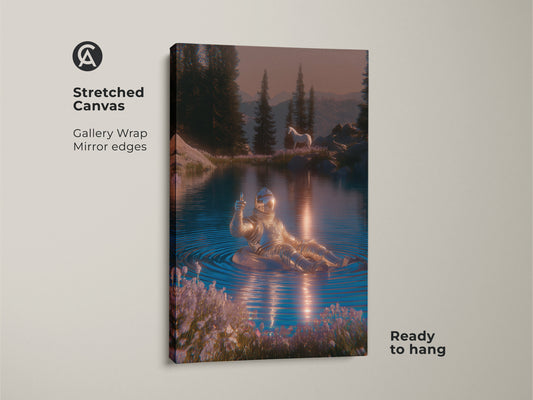 Stretched canvas art featuring an astronaut in a lake. This surreal horse landscape offers a sci-fi nature print. The blue silver pink canvas is ready to hang. An astronaut floating decor for eclectic bedroom art. This modern sci-fi gift is a unique wall hanging.