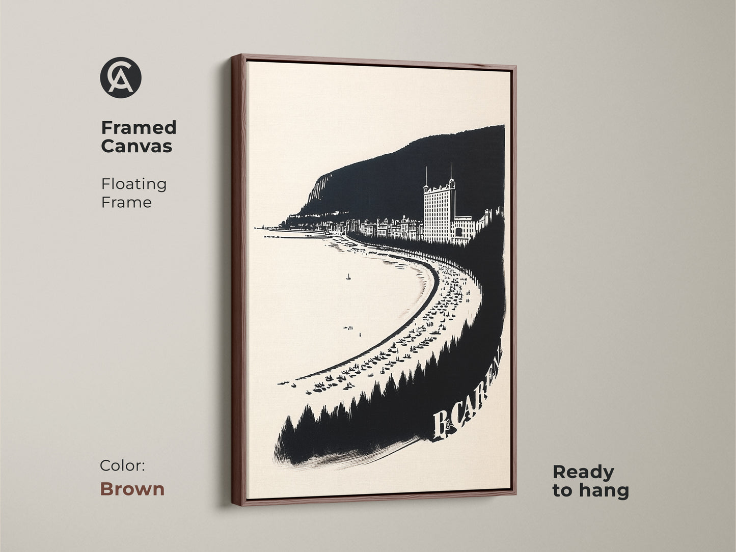 Framed canvas of a vintage coastal town. The monochrome seaside town is a neutral beach artwork print that is ready to hang. Features a floating frame with brown color.