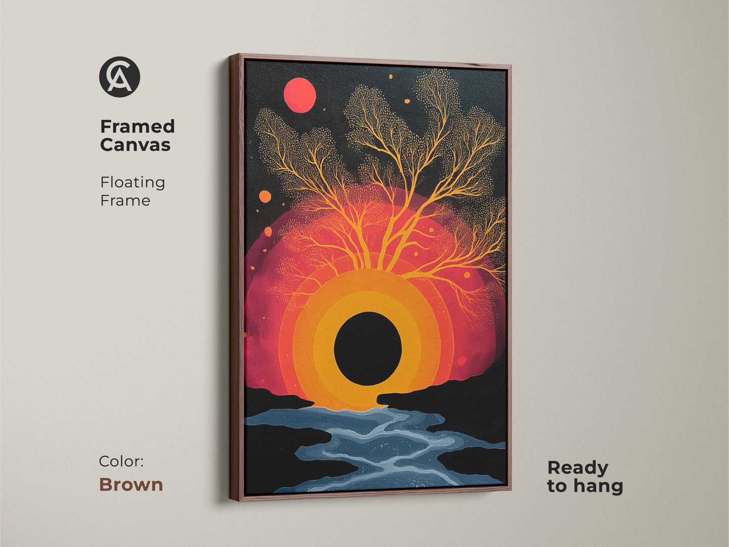Framed canvas art featuring an abstract surreal tree. A brown floating frame highlights the black orange and red colors. It is ready to hang as eclectic bedroom decor. Nature inspired artwork for modern art lovers. A vibrant sunset canvas that is a bold statement.