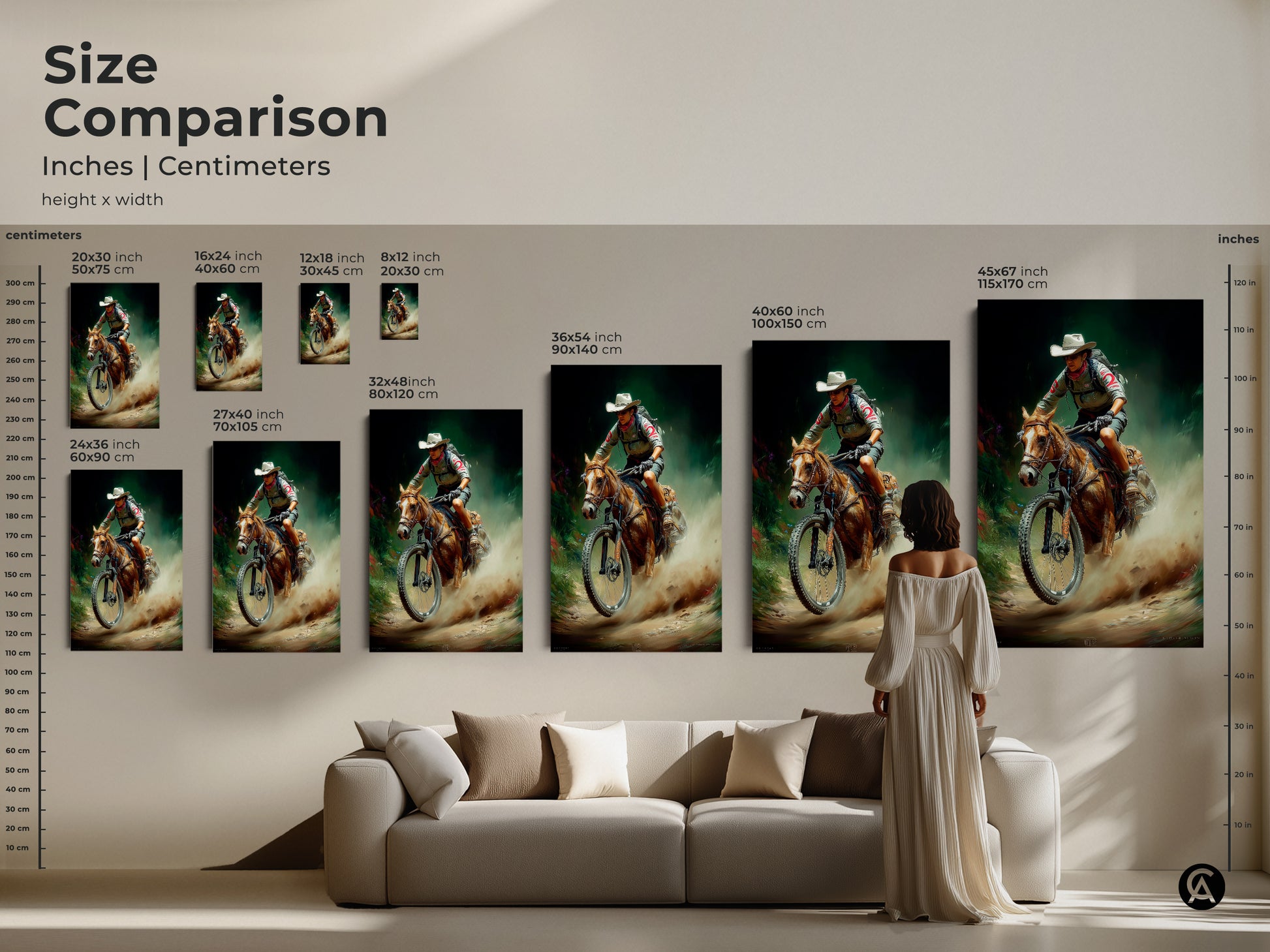 Size comparison of cowboy horse riding with mountain bike artwork in inches and centimeters. Options range from 20x30 inch to 45x67 inch. Visualize how this rustic outdoor adventure digital painting fits above your sofa. A unique blend of western and cycling themes enhances any room. Showcase action and nature