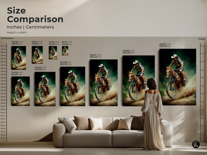 Size comparison of cowboy horse riding with mountain bike artwork in inches and centimeters. Options range from 20x30 inch to 45x67 inch. Visualize how this rustic outdoor adventure digital painting fits above your sofa. A unique blend of western and cycling themes enhances any room. Showcase action and nature