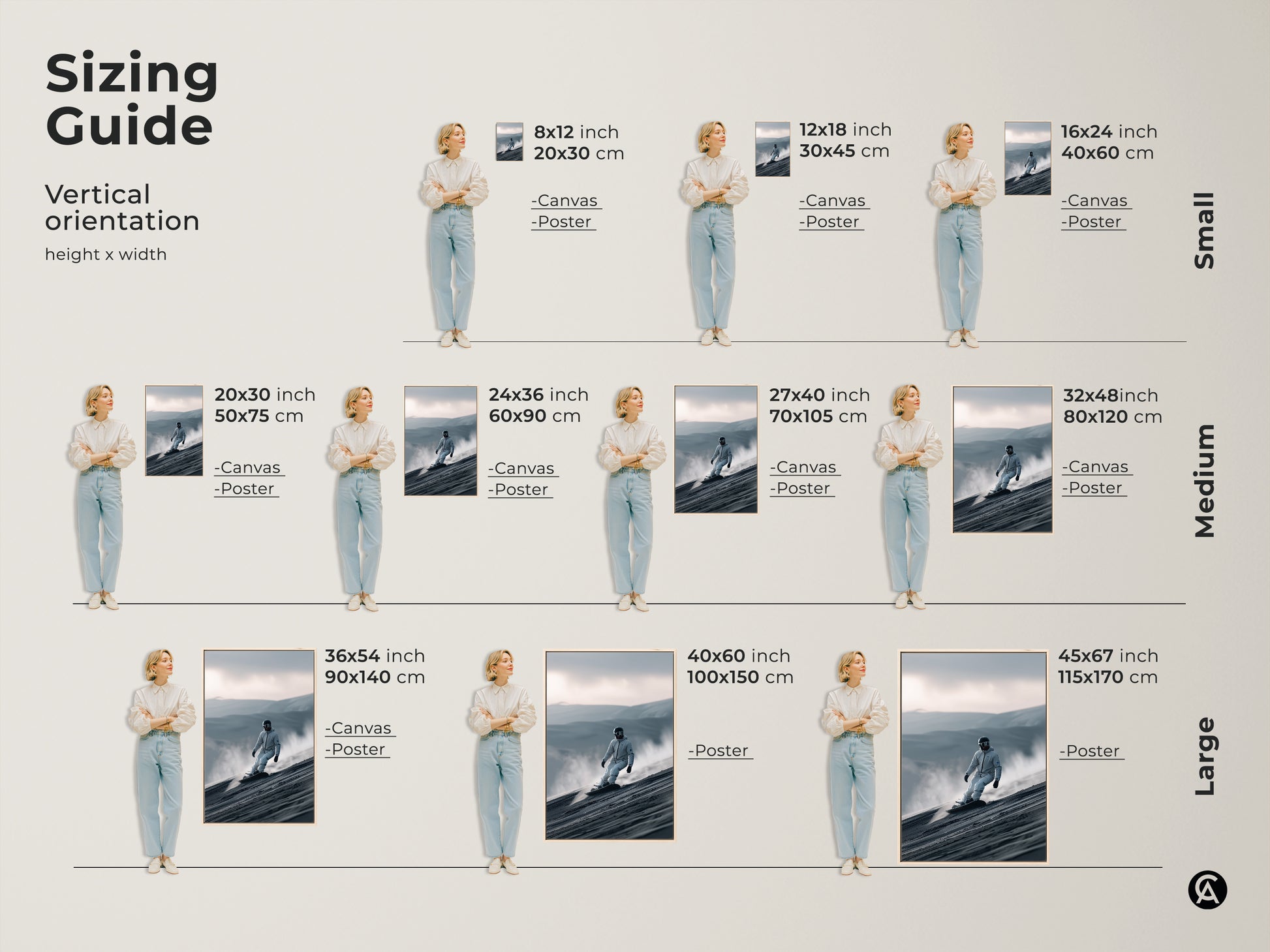 Sizing guide for vertical snowboarder art prints. See how canvas and poster prints look in various sizes. From small 8x12 to large 45x67 inch prints. Visualize the perfect fit for your wall. A snowboarder descends a dune.