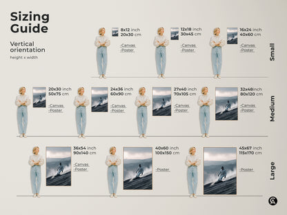 Sizing guide for vertical snowboarder art prints. See how canvas and poster prints look in various sizes. From small 8x12 to large 45x67 inch prints. Visualize the perfect fit for your wall. A snowboarder descends a dune.