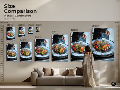 Size Comparison of Filet Mignon Art Print. See how different sizes of this gourmet steak artwork fit above a sofa. Envision the impact of this photorealistic print in your living space. Available in various sizes to suit any room decor.