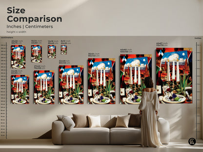 Compare sizes of our cubist still life art in inches and centimeters. Visualize the canvas and poster prints in various dimensions. This is perfect for planning your wall decor with precision.