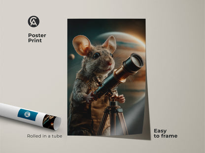 This poster print features a mouse exploring space with a telescope. Rolled in a tube this earthy brown gold and teal art is easy to frame. This stargazer gift adds whimsy to study room decor. It's a unique gift for him animal space explorer fans and celestial mouse artwork enthusiasts.